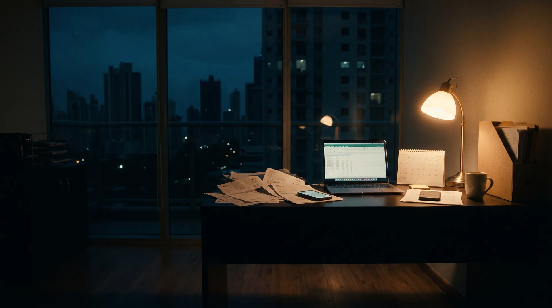 Escena ilustrativa de una oficina de noche con documentos sobre el escritorio.